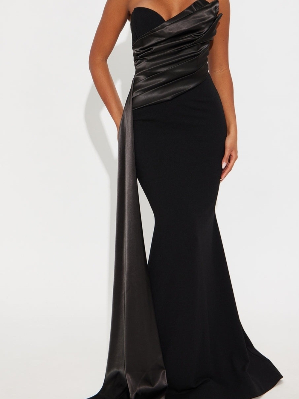 Fashion Nova Strapless Black Satin-Detail Mermaid Gown